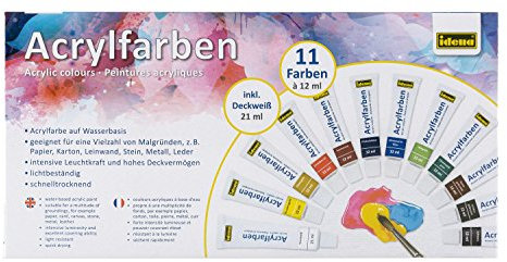 Idena 622199 – Acrylfarbenset, 12 teilig, mit deckenden Acrylfarben auf Wasserbasis und einer Tube Deckweiß, schnell trocknend, für Untergründen wie Papier, Karton, Leinwand und Stein