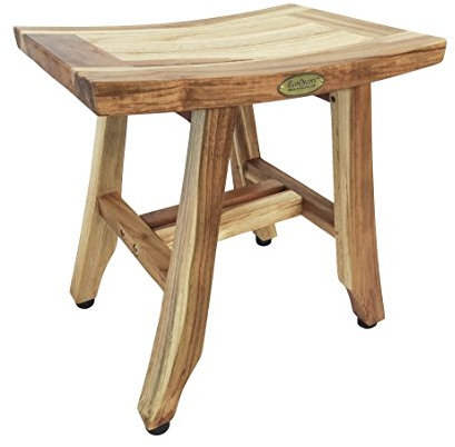 EcoDecors Satori Tabouret de douche en teck naturel avec siège incurvé, siège de douche en bois avec finition teck terreux – 25,4 x 35,6 x 38,1 cm