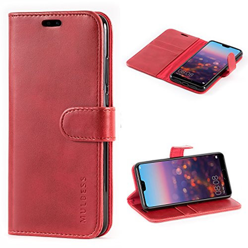 Mulbess Ledertasche für Huawei P20 Hülle Klappbar, Handy-Hülle mit Magnetverschluss Schutz Case, Kartenhalterung, Vintage Wein Rot