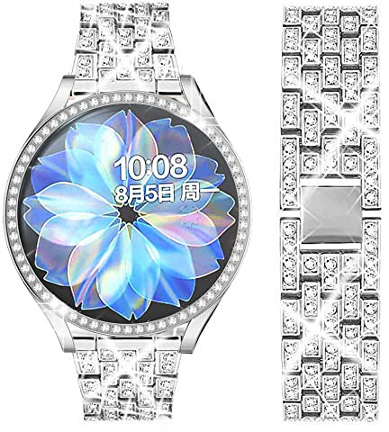 DEALELE Bracelet compatible avec Samsung Galaxy Watch Active 2 40 mm/Active 2 44 mm, 20 mm strass diamant métal acier avec coque de protection de rechange pour homme et femme, argent, 44 mm