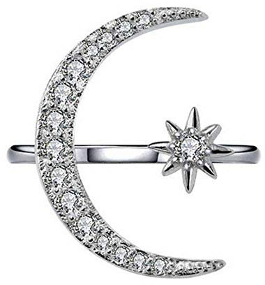 YANQSHM Offener Ring Damen,Vintage Verstellbare Zirkon Eingelegt Mit Stern Und Mond Form Silber Ringe Elegante Romantische Schmuck Geschenk Für Mädchen Frauen Paar Verlobung Hochzeit