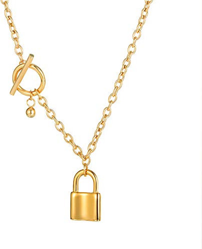 ATEIELLI Damen Ketten Schloss Anhänger Edelstahl Halskette mit T-Verschluss Länge 43cm JWC12 (Gold)
