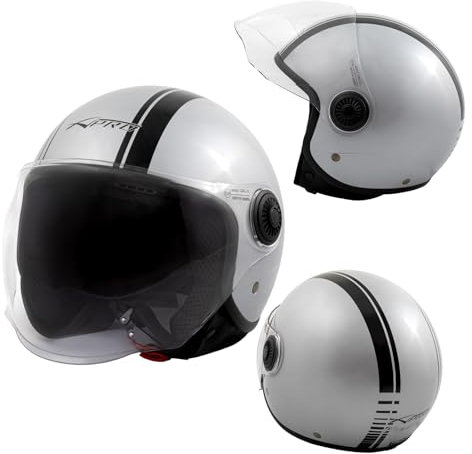 Jet Helm Moto Visier Schwarze Grafik ECE06 Silber Scooter XS