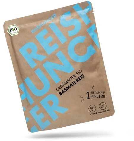 REISHUNGER BIO Mikrowellen Reis Basmati (12 x 250g) - Auch 6 x 250g verfügbar - Express Reis fertig in 2 Minuten - Vegan, Glutenfrei & 100% Sortenrein