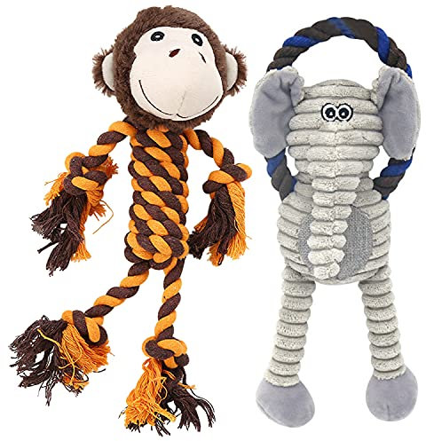 HUGEME Puppy Toys for Small Dogs, 2 Pack Dog Chew Toys with Squeaky and Rope, Puppy Teething Chew Toys, Durable Dog Teething Toys for Small, Medium Dogs (Monkey & Elephant)