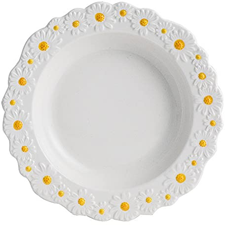 WAYUTO Keramik Gänseblümchen flacher Teller geprägte Dessertschale klein Gänseblümchen Rand Relief Geschirr Steakteller unregelmäßige Speiseteller für Suppe Geschirr Küche Dekoration Geschirr