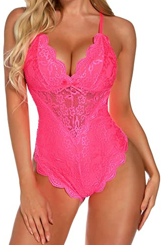 Aranmei Sexy Snap Crotch Bodysuit for Women Naughty One Piece Lace Babydoll Lingerie Teddy Rose Red M