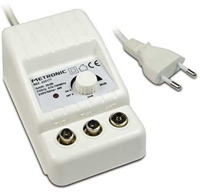 Metronic - 332177, Amplificatore antenna TV da interno per canali TDT, compatibile 4G/5G, 26 dB, 2 uscite con presa TV 9,52 mm, bianco