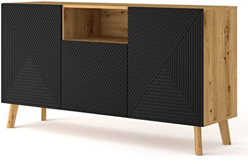 BIM Furniture Homlando Kommode LUXI 3D 146 cm Eiche Artisan, Fronten schwarz matt gefräst MDF, Beine aus Massivholz, Sideboard Highboard Schrank, 3 Türen