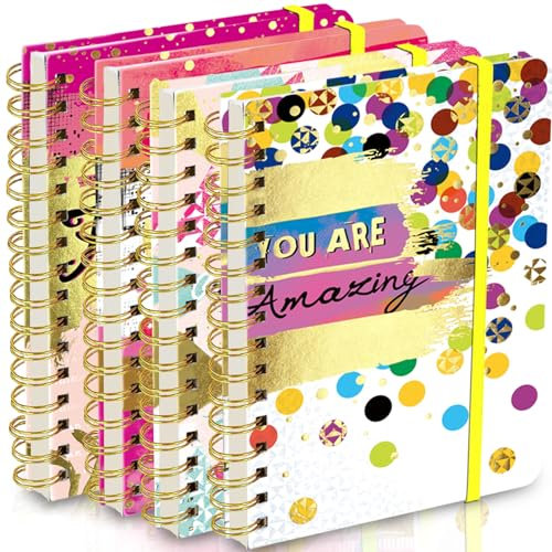 DWIYITTN Spiral Notizbuch A5, 4-Pack Hardcover Ringbuch Set 120 liniert Spiralbindung mit Gummiband Frauen Geschenk Schulkolleg Arbeit Zuhause zu Tagebuch Schreiben Notizen, Geometrisches Muster