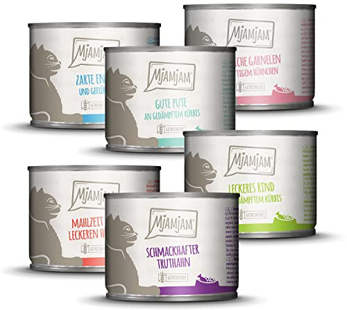 MjAMjAM - Premium Katzenfutter Probierpaket, Nassfutter mit extra viel Fleisch, getreidefrei 200 g (6er Pack)