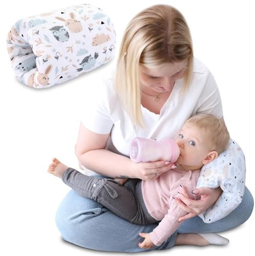 Stillkissen klein Breastfeeding und Nursing Pillow für unterwegs 20 cm - Stillmuff Armkissen und Lagerungskissen Baby Arm Still Kissen aus weicher Baumwolle Oeko-Tex Eulen Weiß