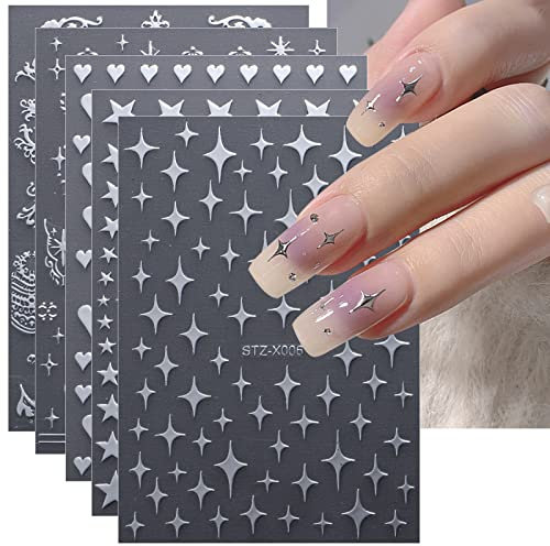 JMEOWIO 12 Sheets Moon Star Nail Art Stickers Decals Self-Adhesive Gold Silver Nail Supplies Nail Art Design Decoration Accessories
