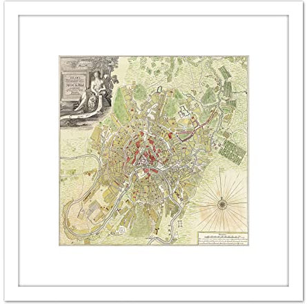 Artery8 Map Antique 1739 Michurin Moscow City Plan Old Reproduction 8X8 Inch Square Wooden Framed Wall Art Print Picture with Mount