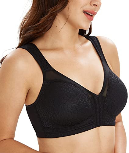 Lemorosy Women's Wirefree Jacquard Back Support Bra Full Figure Front Closure Posture Underwear(Black,38DD)