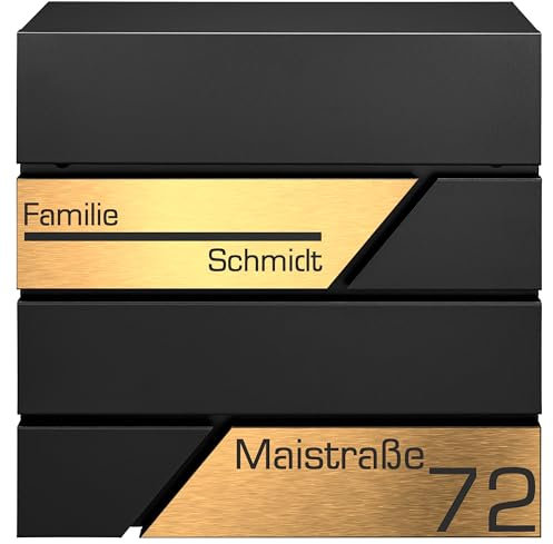 MTEC Design Schwarz Briefkasten mit Hausnummer & Ihre Namen Gravur Personalisiert, Wandbriefkasten mit Extra Zeitungsfach, Briefkasten Groß, Golden, (Gold 2)
