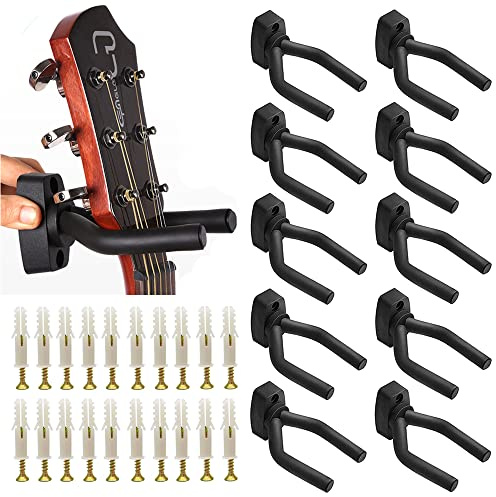 Gitarrenaufhänger für Gitarre, Bass, Wandhalterung, Haken mit Schrauben, Ukulele, Banjo, Mandoline, E-Gitarre, Displayhalter für Wand, Schwarz, 10 Stück