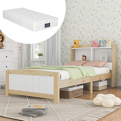 Merax Kinderbett 90x200cm, Massivholz Stauraum Einzelbett mit Ausstellungsstand, Jugendbett mit Lattenrost und Kopfteil, praktischer Bettgestell für Kinderzimmer, Natürlich und Weiß, mit Matratze