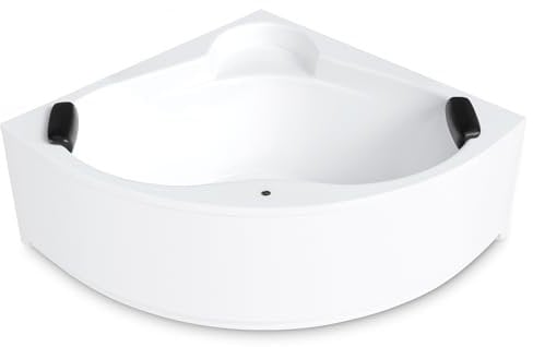 AQUADE Acryl Eckbadewanne 140x140 Modell: Essen Hergеstellt in Dеutschland - Weiß Badewanne Komplettset 140x140 - Badewannen mit Wannenfüßen + Schürze + Ab-Überlaufgarnitur + Nackenkissen + Led