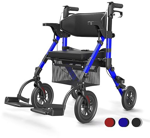 VOCIC Déambulateur Fauteuil Roulant 2 en 1 pour personnes âgées,Chaise de transport Rollator en aluminium réglable en hauteur pour l'extérieur et les voyages,Bleu(Garantie 5 ans)