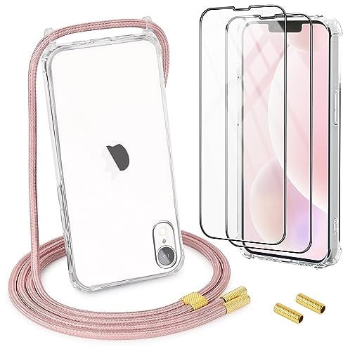DiDaDi Mobile Phone Chain for iPhone XR, Case with Strap, 1 x Transparent Protective Case with 2 x Screen Protectors, Removable Necklace, Stylish Mobile Phone Case for Hanging, Cord Case (Rose Gold)
