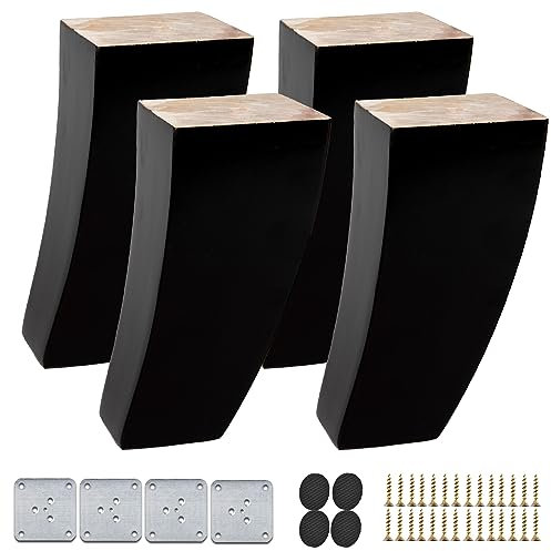 TCHOSUZ Lot de 4 pieds de meubles en bois de 20 cm - Modernes du milieu du siècle - En bois massif - Noir incurvé - Pyramide carrée - Pour canapé, fauteuil, lit inclinable