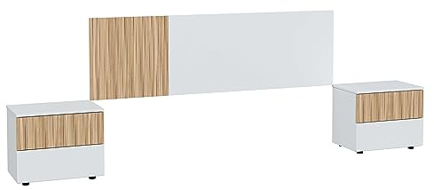 Habitdesign, modernes Kopfteil mit 2 Nachttischen – Schlafzimmer-Set in Artik weiß & Naturholz, wendbares Kopfteil, viel Stauraum, Maße: 266 x 91 x 34 cm (B x H x T), Modell Ethna