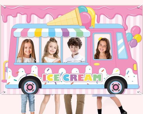 Hintergrund für Eiswagen, Party-Dekoration, rosa Eiscreme, Foto-Requisite, Partyzubehör, süßes Dessert, Fotografie, Banner für Mädchen, Babyparty, Geburtstag, Gastgeschenk, Dessertwagen, Booth