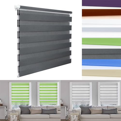 Seitenzugrollo Ohne Bohren 85 x 140 cm Sichtschutz und Sonnenschutz Sonnenschutzrollo Zebrarollo Seitenzugrollo Einfache Montage mit Klemmträger für Fenster & Türen, Dunkelgrau