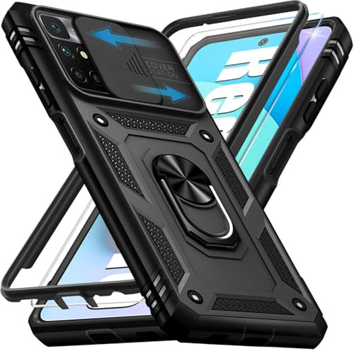 Giyer Handyhülle für Xiaomi Redmi 10 Hülle mit Schutzfolie, Redmi 10 4G/5G/2022/2021 Schutzhülle mit Kameraschutz 360° Drehbarer Metall Ring Ständer Stoßfest für Xiaomi Redmi 10 Case Cover (Schwarz)