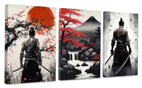 CCWACPP 3 Piece Samurai Wall Art Japan Painting Canvas Print Warrior Figure Pictures Bushido Posters Japanese Culture Theme Artwork Home Room Decor Framed (C, (28x35cmx3))