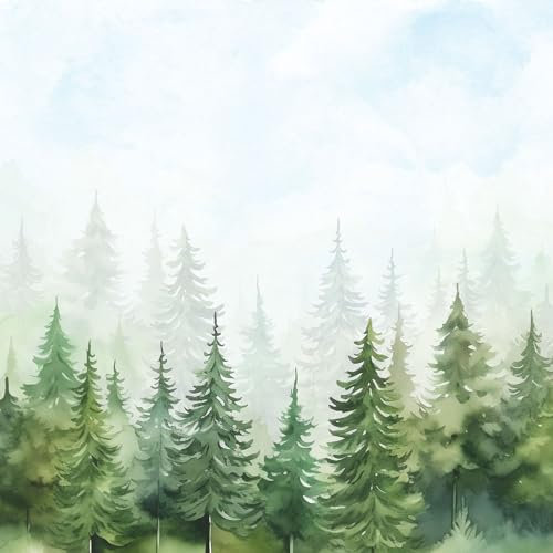UNIK Nordic Vliestapete BxH: 450x250 cm mit Kinder und Baby XXL Wald Motiv, Kindertapete mit Tannenwald Aquarell Design, Fototapete für Kinderzimmer, Premium Foto Tapete mit 180g/m2 Stärke