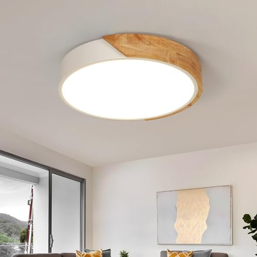 Comely Holz Deckenlampe, 30W Moderne Runde LED Deckenleuchte, Warmweißes LIcht 3000K, LED Lampe Deckenleuchte für Schlafzimmer Wohnzimmer Küche Kinderzimmer Korridor, Weiß