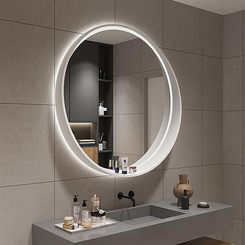 ZCFXIFGF Beleuchteter Spiegel mit Holzrahmen, runder LED-Badezimmerspiegel, beleuchteter Wandkosmetikspiegel, Schminkspiegel mit Berührungssensor, 3-farbig dimmbares LED-Licht, IP44 (Farbe: Weiß, Gr