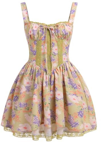 Odizli Vestido corto de verano para mujer, sexy, sin mangas, tirantes delgados, bohemio, floral, encaje, Amarillo y lila., M