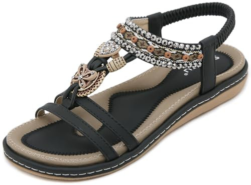 ZDQ Sandals Womens Ladies Summer Casual Comfortable Flat Arch Support Bohemian Wide Fit Slip-on Sandals with Elastic Ankle Strap Black 4