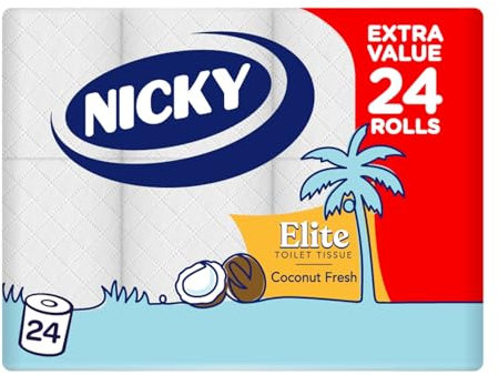 Nicky Elite Coconut Fresh Toilet Tissue - 24 Rolls of White Toilet Paper, 168 Sheets per Roll, 3-Ply, Exotic Coconut Scent, Softeness and Comfort to The Skin, Easy Open Pack, 100% FSC Certified Paper