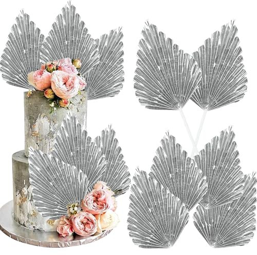 6 Pack Paper Palm Fan Cake Topper Palm Leaf Fan Cake Pick Insert Palm Spear Leaves Fan DIY Cake Decorations for Wedding Bridal Shower Birthday Anniversary Party Supplies Silver