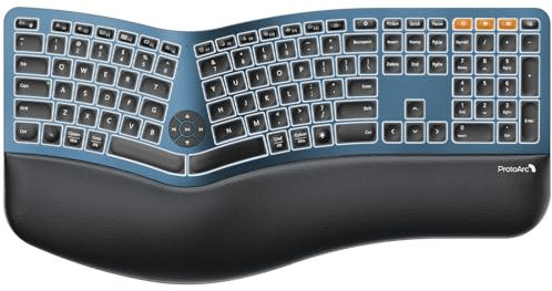 ProtoArc Clavier ergonomique Bluetooth rétroéclairé, EK01 Plus, clavier divisé sans fil avec double Bluetooth et USB, repose-poignet rembourré, rechargeable, compatible avec Windows/Mac/Android, bleu
