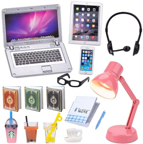 15Pcs Dollhouse Miniature Laptop Computer Tablet Phone Lamp Book Glasses Coffee Headset Simulation Accessories Age 6+ 1/12 1/6 Toy Pad Play Set Fits Barbie Doll Girl Mini Drink Party Office (A)