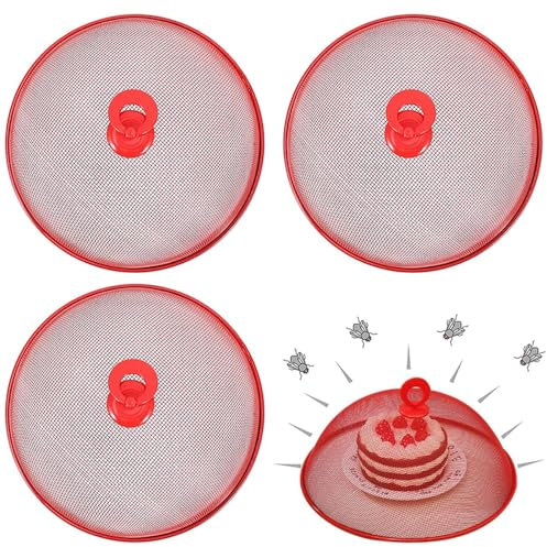 Hunphy 3 Stück Netz-Abdeckung für Lebensmittel, Fliegenhaube, Fliegenschutz Abdeckhaube, Lebensmittelabdeckung Freien, Abdeckung für Lebensmittel, mit Griff, für Küche, Picknick (Rot)