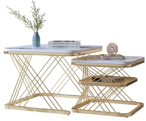jeerbly Couchtisch 2er Set, Quadratisch Beistelltisch aus Holz, Modern Wohnzimmertisch mit Marmor Optik, Sofatisch Satztisch für Wohnzimmer Balkon Büro, Golden