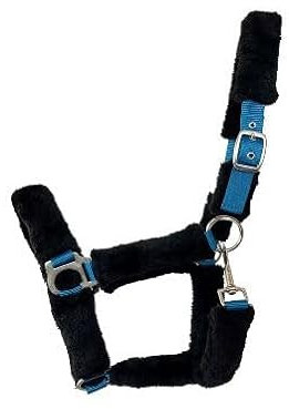 OR S-LINE Pferde weiches gepolstertes Teddyfell - Halfter mit Kunstfell - Plüschfell verstellbar Petrol-weiß für Cob (Petrol-Schwarz, Vollblut/Cob)