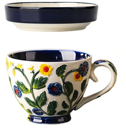 Dowbom Soup Mug With Lid, 500ml Microwave Soup Bowl, Ceramic Soup Mug Small Soup Bowl (Blue,Cup & Lid)