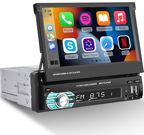 Single Din Flip Out Screen Car Stereo with Wireless Carplay and Android Auto, 7 inch 1 Din Touch Screen Radio Support Bluetooth/SWC/USB/FM + Backup Camera + Mic + Remote Control