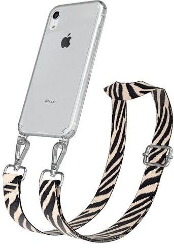 EAZY CASE Handykette - Verstellbares Taschenband kompatibel mit iPhone XR, Schulterriemen, Handykordel mit Silikon Hülle, Umhängetasche, Zebra - Schwarz Beige Silber