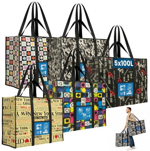 Claudi Home 5er-Set XXL Umzugstaschen 100L mit Rucksackfunktion & verstärkten Griffen, extrem robuste Kleidertaschen für Bettdecken, Wäsche. Aufbewahrungstasche für Camping, Reisen & Sport