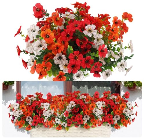 msymsyu Flores artificiales de eucalipto violeta de 36 cm, 7 paquetes de plantas artificiales para decoración de bodas, fiestas, interiores y exteriores, flores artificiales (rojo, naranja y blanco)