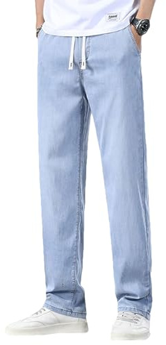 Jamron Hombre Verano Vaqueros Finos y Ligeros de Lyocell Pantalones Vaqueros de Cintura Elástica y Pierna Recta con Cordón Ajustable