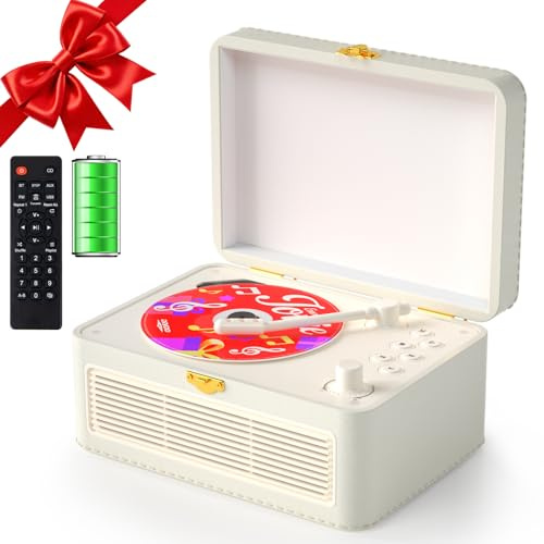 Gueray Reproductor CD Cuero Portátil con Altavoces 3600mAh Recargable Bluetooth para Decoración Hogar, Regalo Festival Diseño Maletín Retro con Mando, Soporta USB AUX